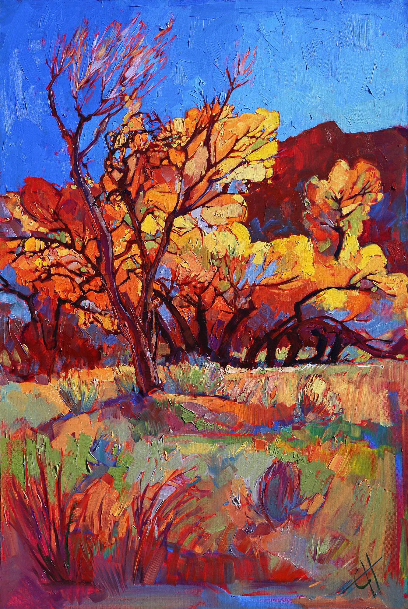 Erin Hanson's painting Cottonwood Flame: cottonwoods in orange and gold leaf against a cobalt sky and red cliffs, dry grass below.